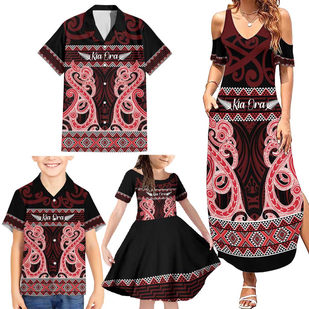 Kia Ora New Zealand Family Matching Summer Maxi Dress and Hawaiian Shirt Maori Language Week Whero Taniko Motif - Aussie Hoodie