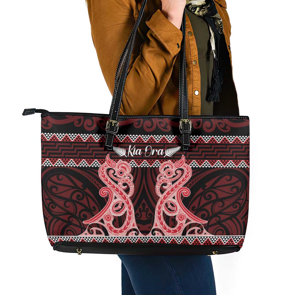 Kia Ora New Zealand Leather Tote Bag Maori Language Week Whero Taniko Motif - Aussie Hoodie