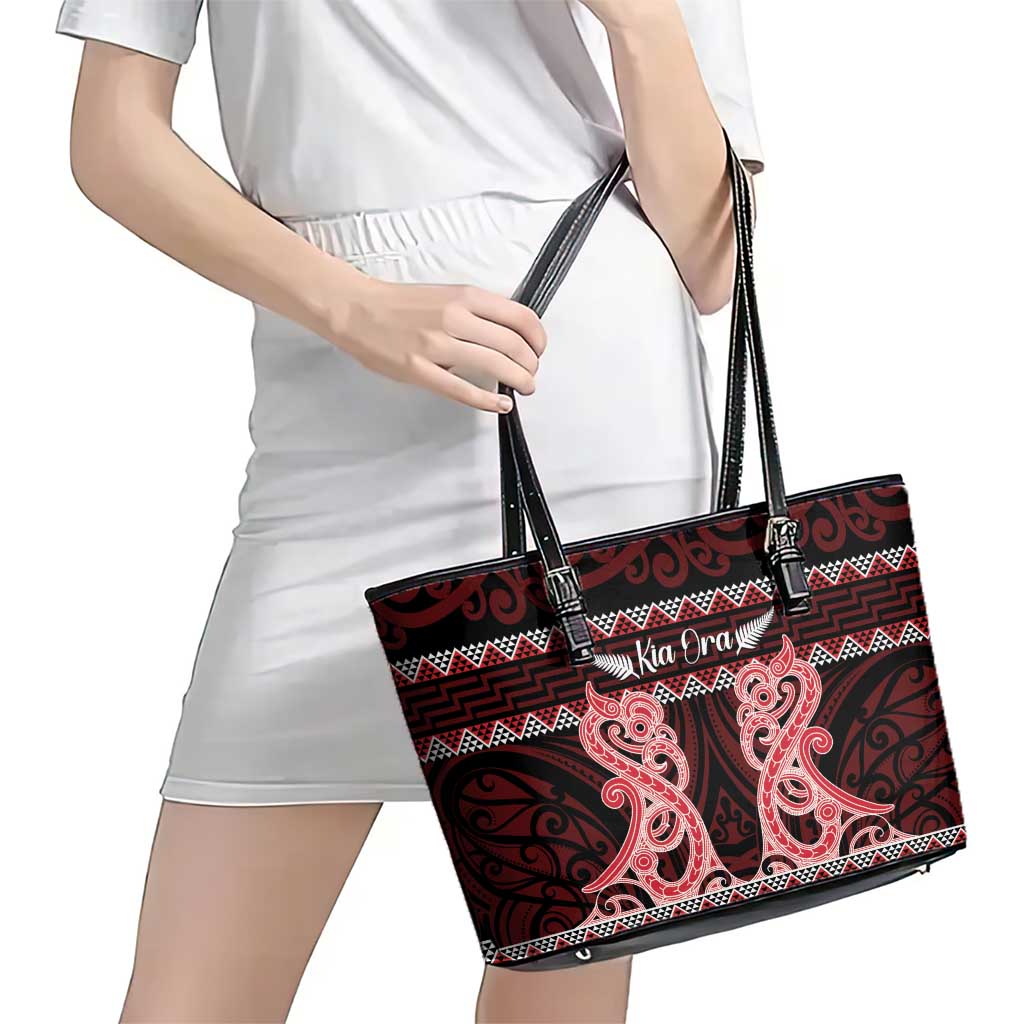 Kia Ora New Zealand Leather Tote Bag Maori Language Week Whero Taniko Motif - Aussie Hoodie