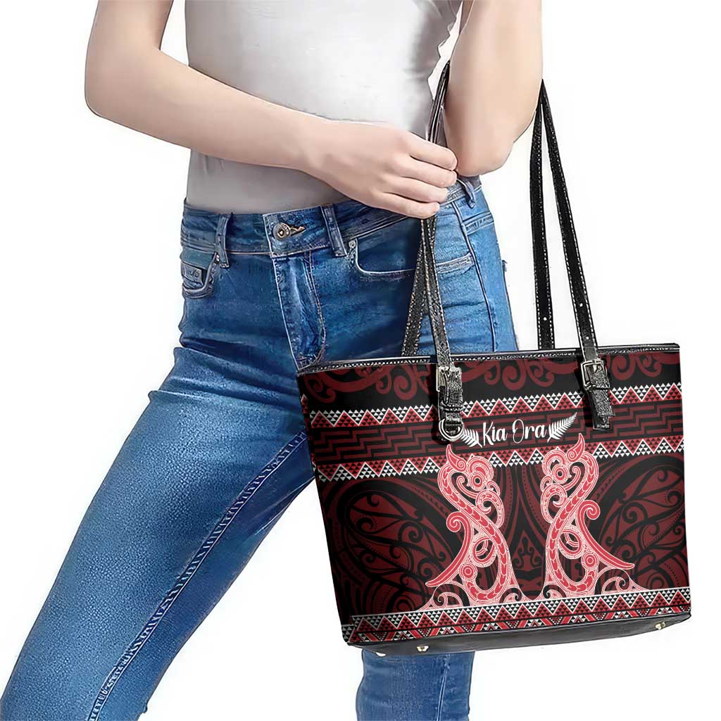 Kia Ora New Zealand Leather Tote Bag Maori Language Week Whero Taniko Motif - Aussie Hoodie