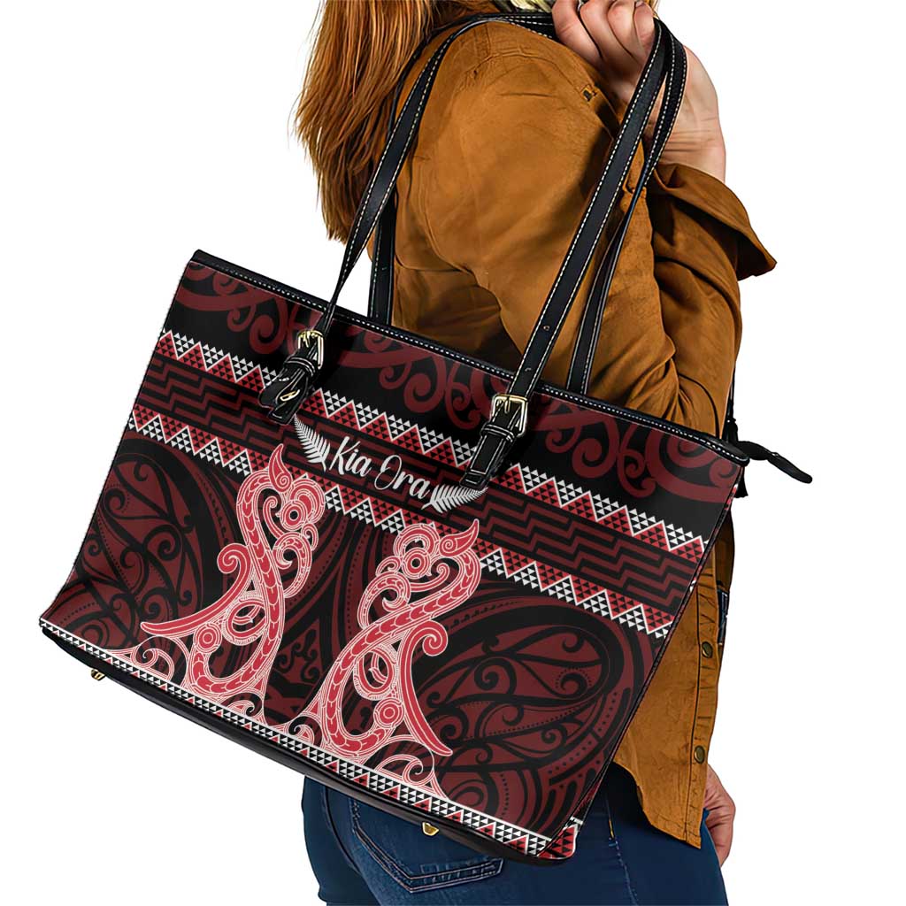 Kia Ora New Zealand Leather Tote Bag Maori Language Week Whero Taniko Motif - Aussie Hoodie