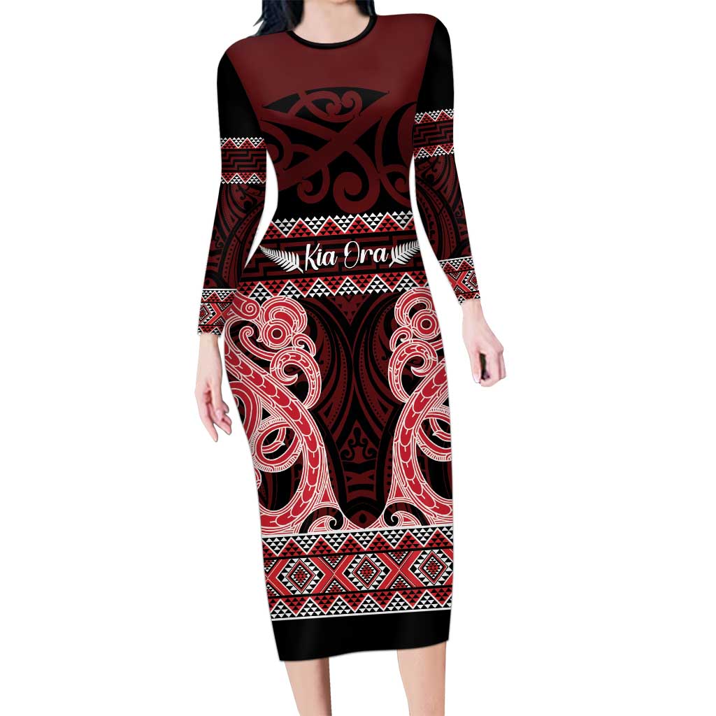 Kia Ora New Zealand Long Sleeve Bodycon Dress Maori Language Week Whero Taniko Motif - Aussie Hoodie