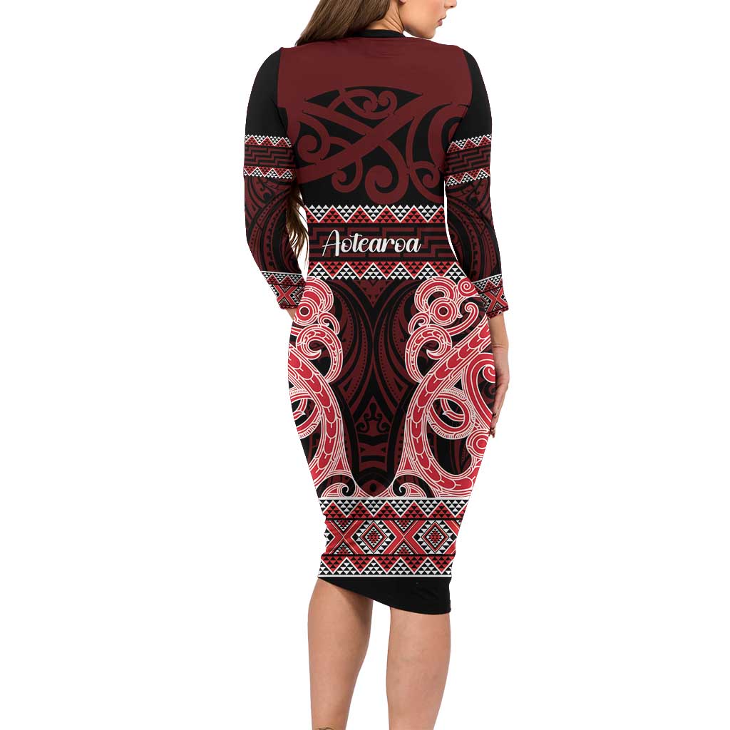 Kia Ora New Zealand Long Sleeve Bodycon Dress Maori Language Week Whero Taniko Motif - Aussie Hoodie