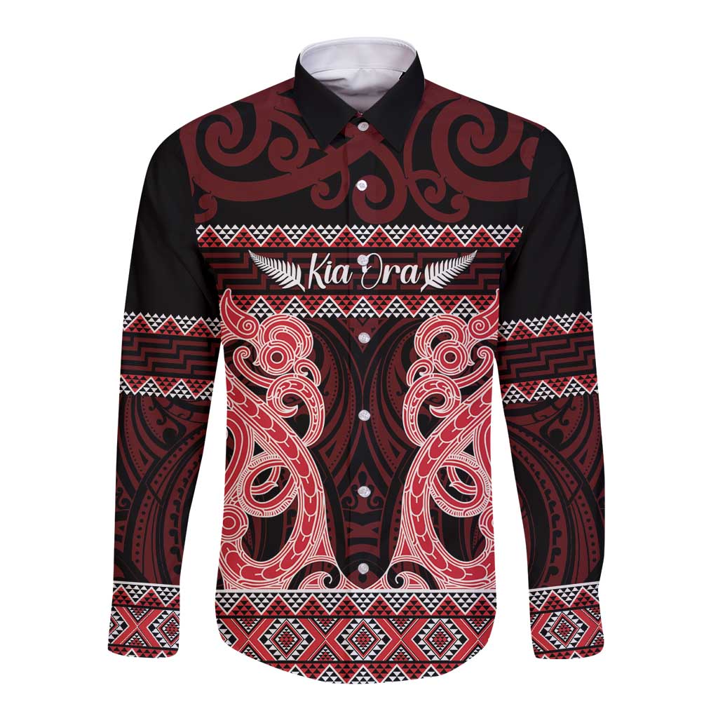 Kia Ora New Zealand Long Sleeve Button Shirt Maori Language Week Whero Taniko Motif - Aussie Hoodie