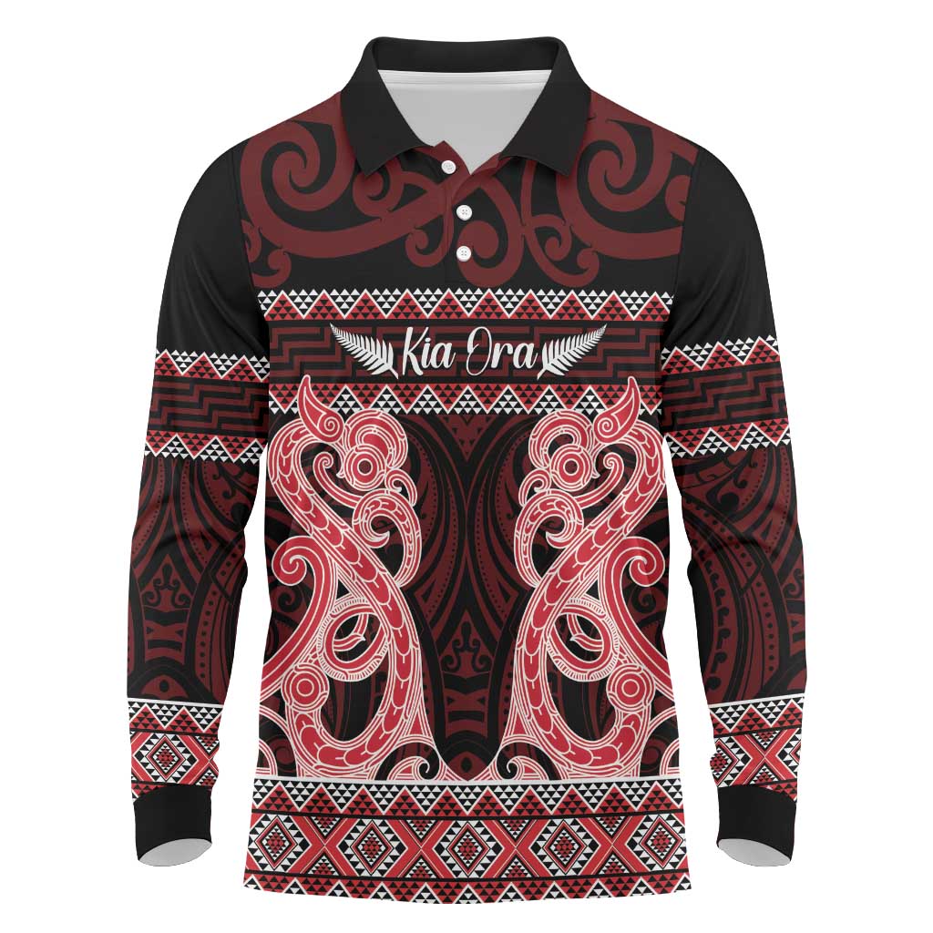 Kia Ora New Zealand Long Sleeve Polo Shirt Maori Language Week Whero Taniko Motif - Aussie Hoodie