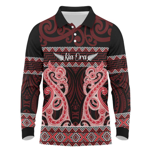Kia Ora New Zealand Long Sleeve Polo Shirt Maori Language Week Whero Taniko Motif - Aussie Hoodie