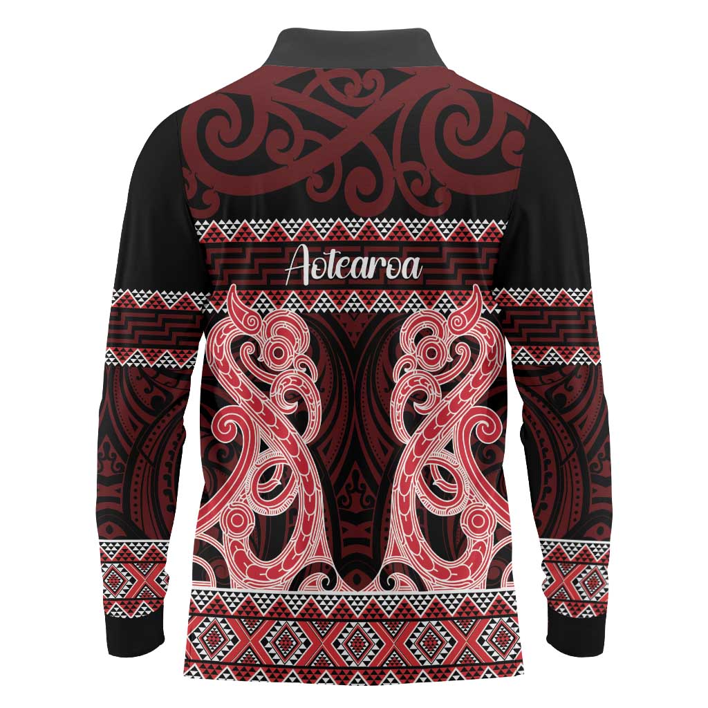 Kia Ora New Zealand Long Sleeve Polo Shirt Maori Language Week Whero Taniko Motif - Aussie Hoodie