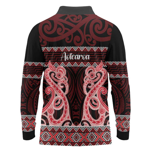 Kia Ora New Zealand Long Sleeve Polo Shirt Maori Language Week Whero Taniko Motif - Aussie Hoodie