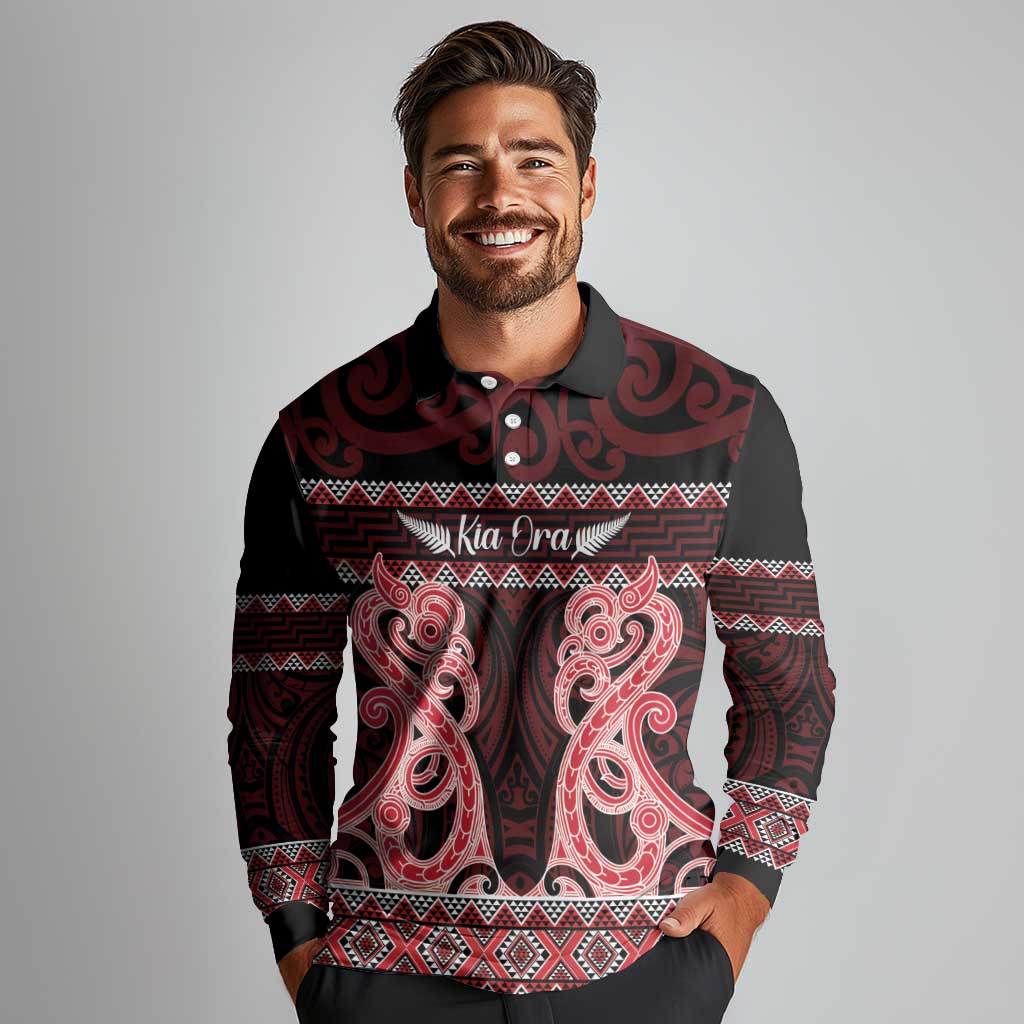 Kia Ora New Zealand Long Sleeve Polo Shirt Maori Language Week Whero Taniko Motif - Aussie Hoodie