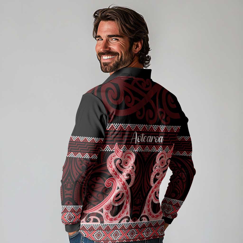 Kia Ora New Zealand Long Sleeve Polo Shirt Maori Language Week Whero Taniko Motif - Aussie Hoodie