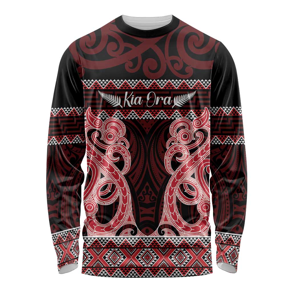 Kia Ora New Zealand Long Sleeve Shirt Maori Language Week Whero Taniko Motif - Aussie Hoodie