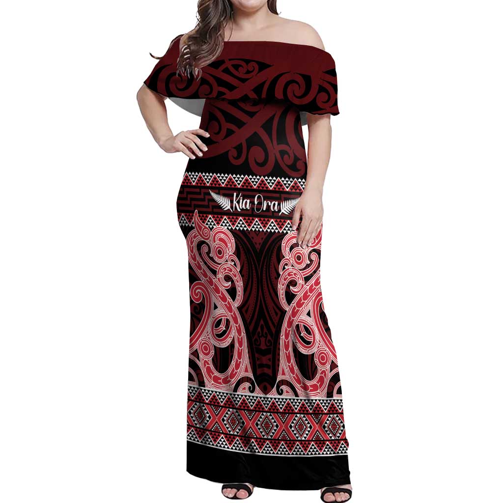 Kia Ora New Zealand Off Shoulder Maxi Dress Maori Language Week Whero Taniko Motif - Aussie Hoodie