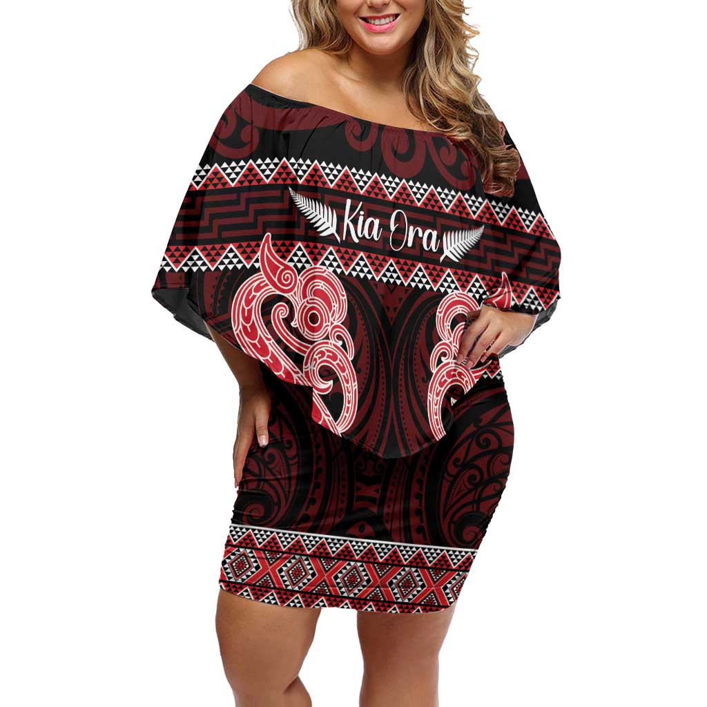 Kia Ora New Zealand Off Shoulder Short Dress Maori Language Week Whero Taniko Motif - Aussie Hoodie