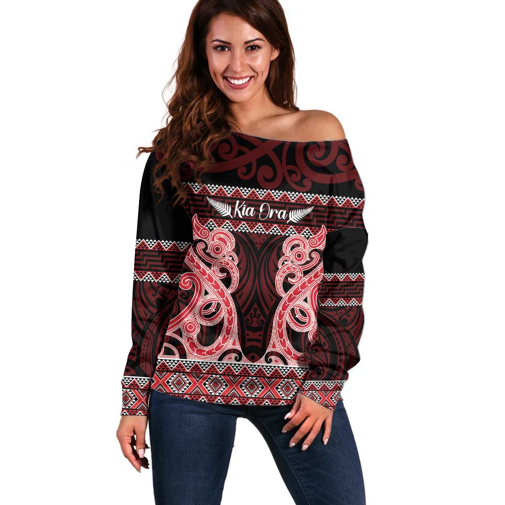Kia Ora New Zealand Off Shoulder Sweater Maori Language Week Whero Taniko Motif - Aussie Hoodie