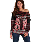 Kia Ora New Zealand Off Shoulder Sweater Maori Language Week Whero Taniko Motif - Aussie Hoodie