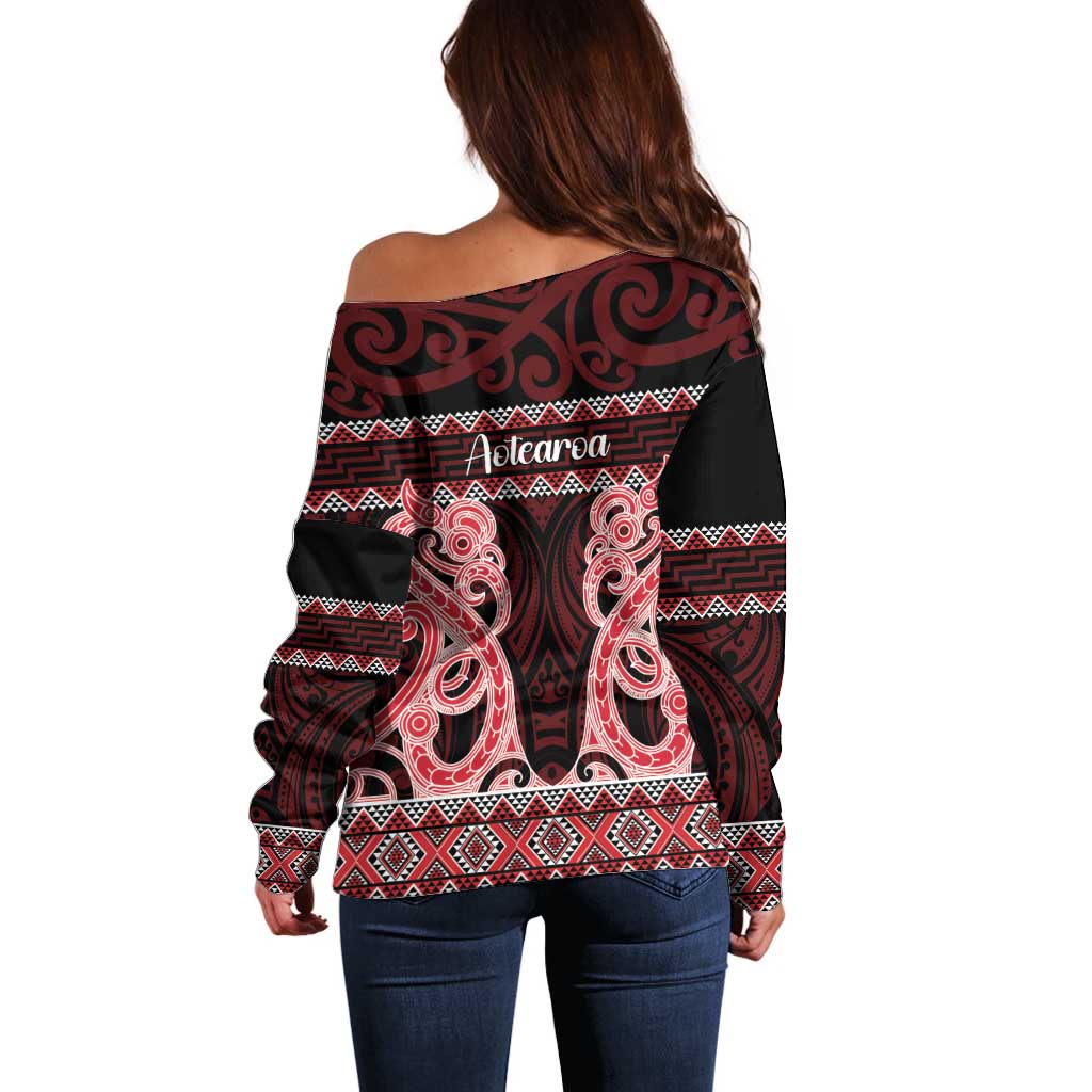 Kia Ora New Zealand Off Shoulder Sweater Maori Language Week Whero Taniko Motif - Aussie Hoodie