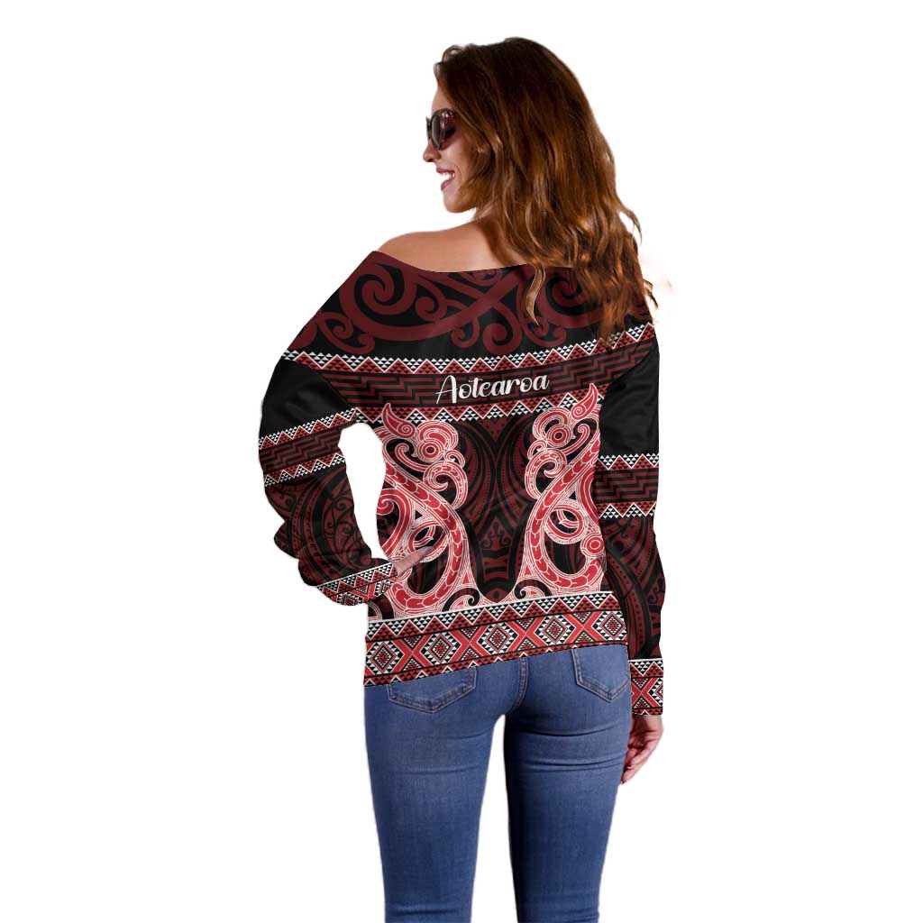 Kia Ora New Zealand Off Shoulder Sweater Maori Language Week Whero Taniko Motif - Aussie Hoodie