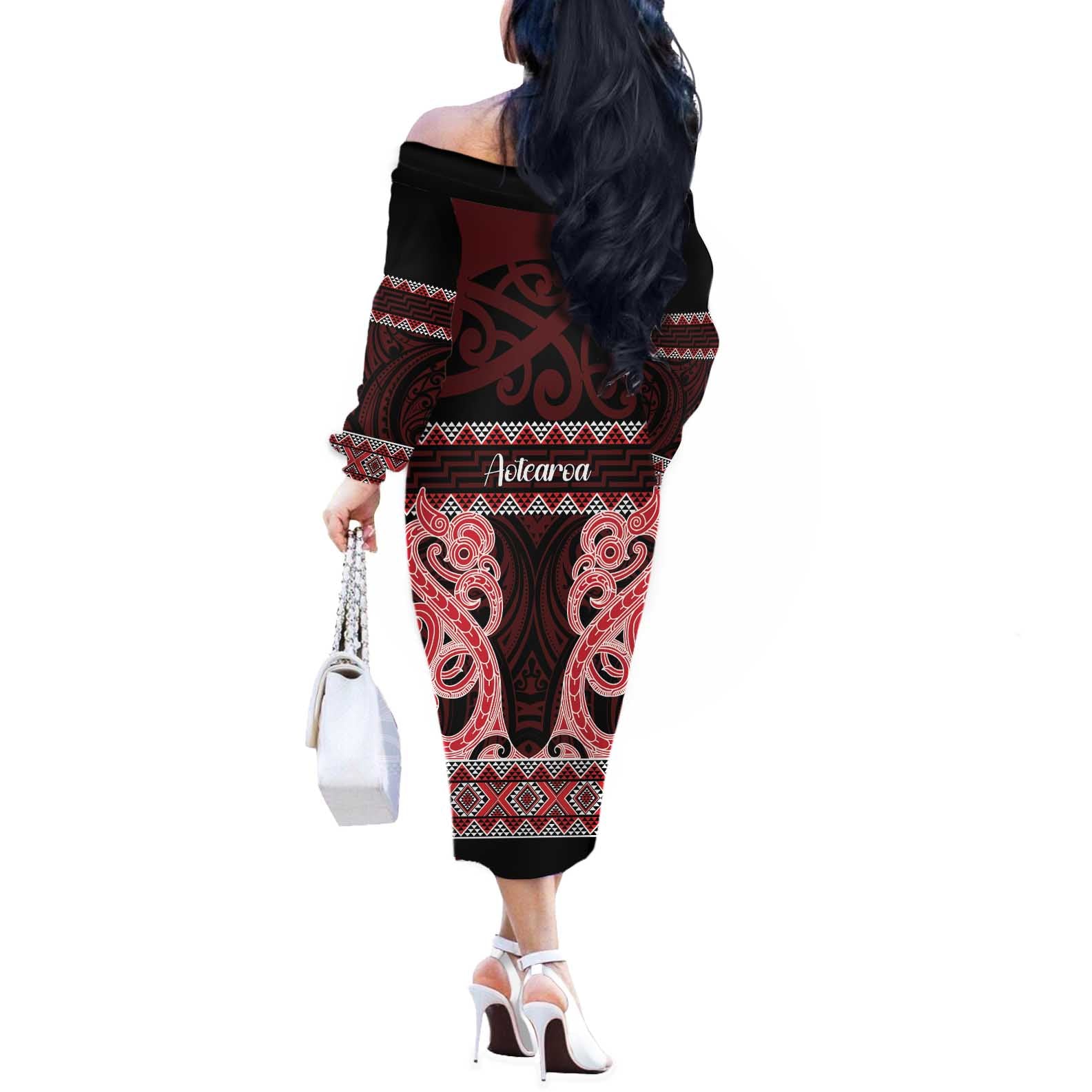 Kia Ora New Zealand Off The Shoulder Long Sleeve Dress Maori Language Week Whero Taniko Motif - Aussie Hoodie
