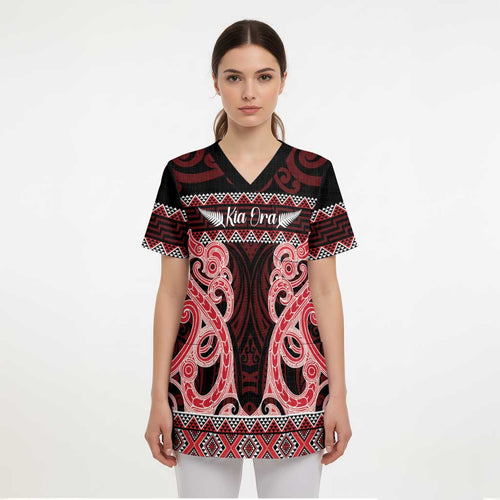 Kia Ora New Zealand Scrub Top Maori Language Week Whero Taniko Motif - Aussie Hoodie
