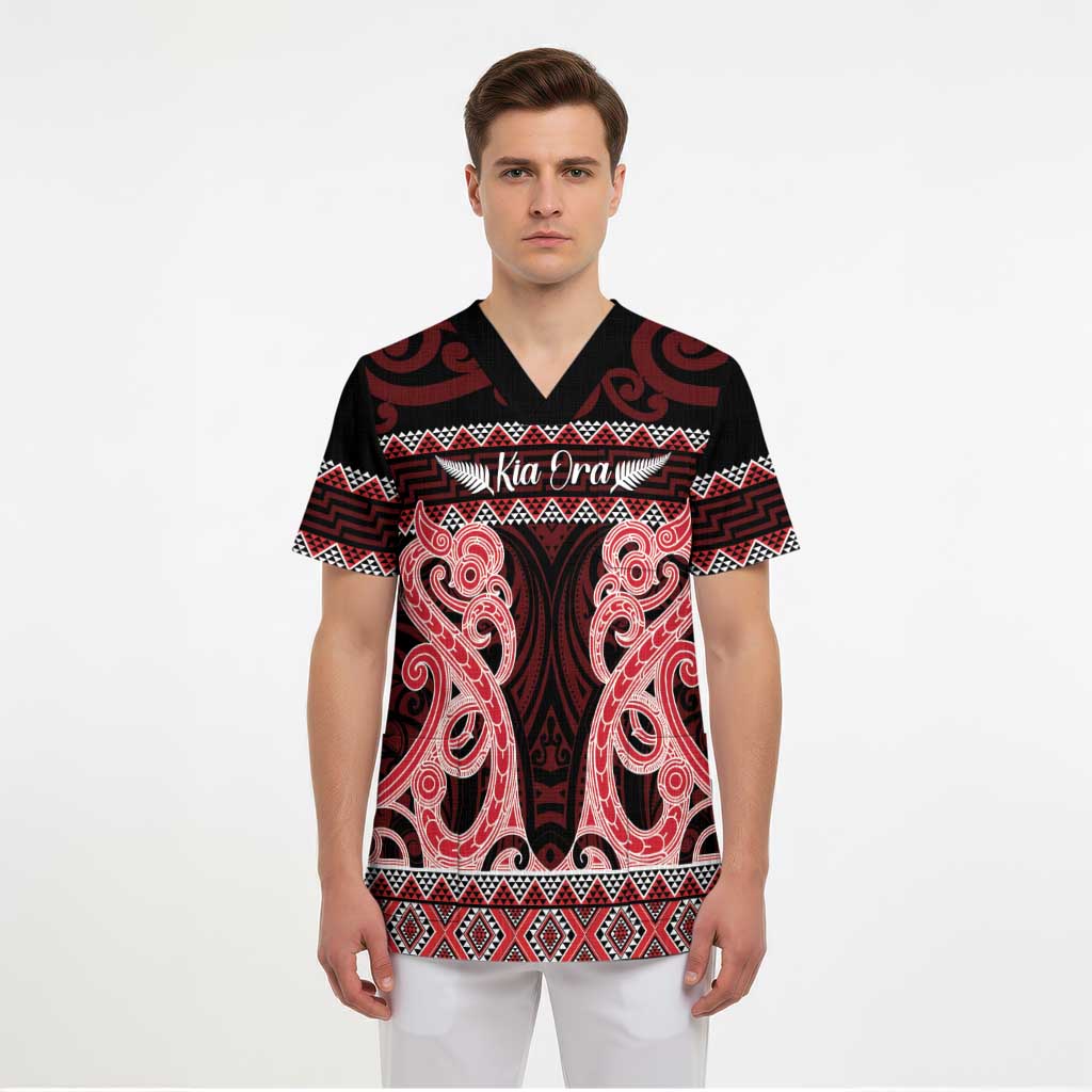 Kia Ora New Zealand Scrub Top Maori Language Week Whero Taniko Motif - Aussie Hoodie