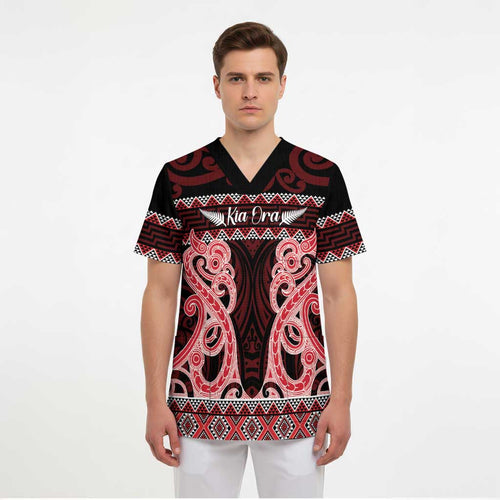 Kia Ora New Zealand Scrub Top Maori Language Week Whero Taniko Motif - Aussie Hoodie