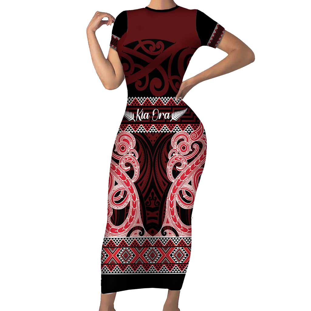 Kia Ora New Zealand Short Sleeve Bodycon Dress Maori Language Week Whero Taniko Motif - Aussie Hoodie