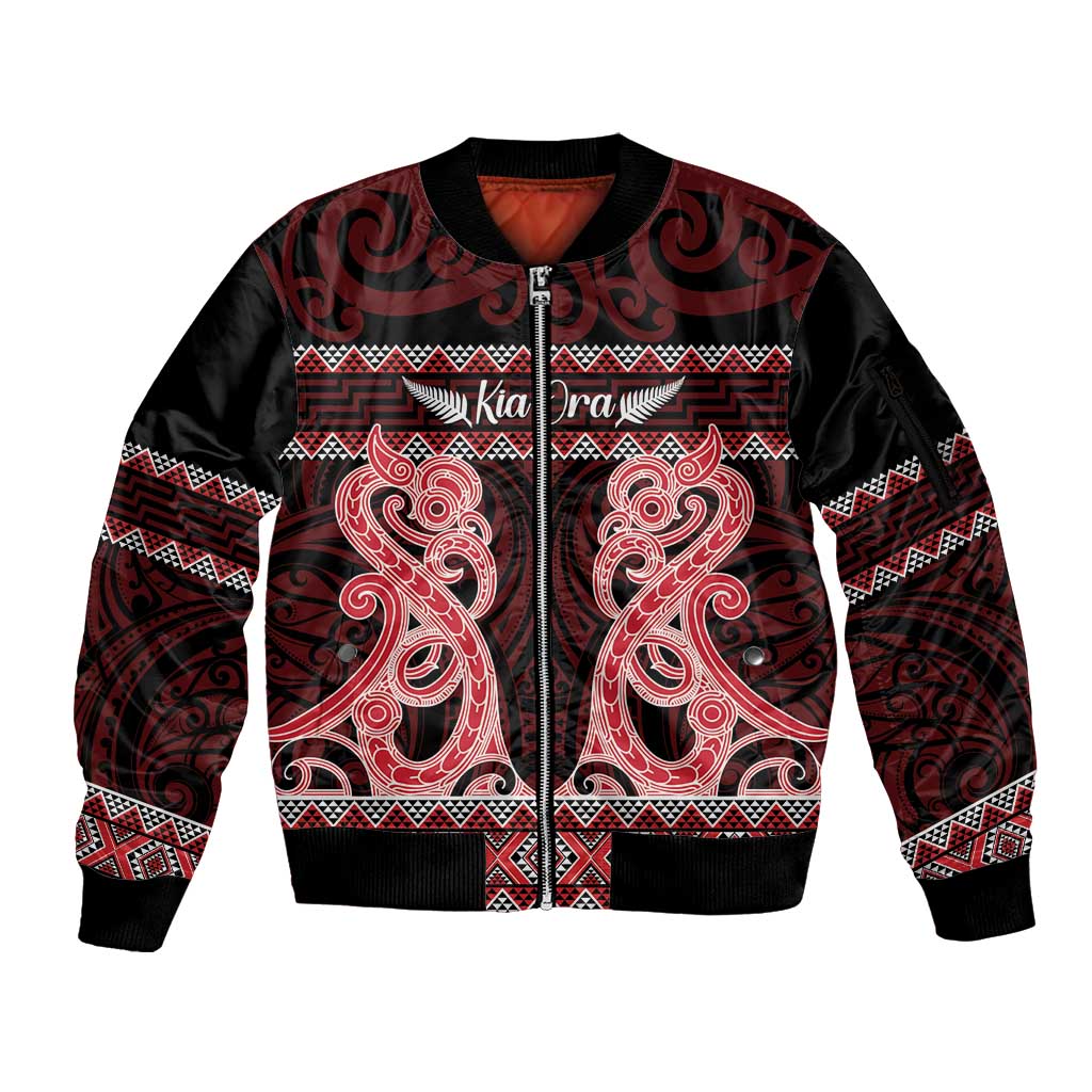 Kia Ora New Zealand Sleeve Zip Bomber Jacket Maori Language Week Whero Taniko Motif - Aussie Hoodie