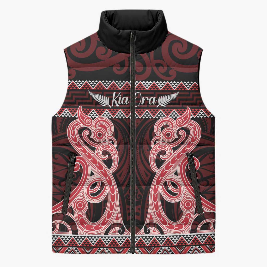 Kia Ora New Zealand Sleeveless Puffer Jacket Maori Language Week Whero Taniko Motif - Aussie Hoodie