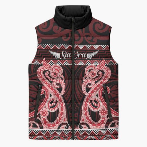 Kia Ora New Zealand Sleeveless Puffer Jacket Maori Language Week Whero Taniko Motif - Aussie Hoodie