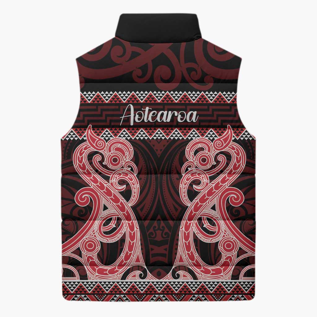 Kia Ora New Zealand Sleeveless Puffer Jacket Maori Language Week Whero Taniko Motif - Aussie Hoodie