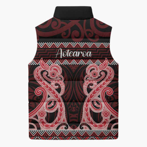 Kia Ora New Zealand Sleeveless Puffer Jacket Maori Language Week Whero Taniko Motif - Aussie Hoodie