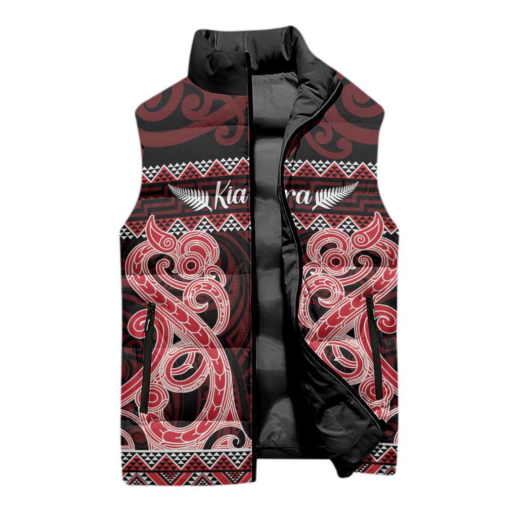 Kia Ora New Zealand Sleeveless Puffer Jacket Maori Language Week Whero Taniko Motif - Aussie Hoodie