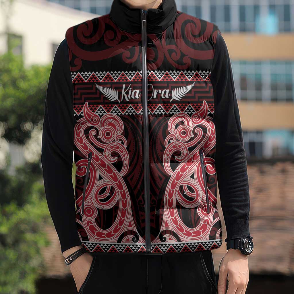 Kia Ora New Zealand Sleeveless Puffer Jacket Maori Language Week Whero Taniko Motif - Aussie Hoodie