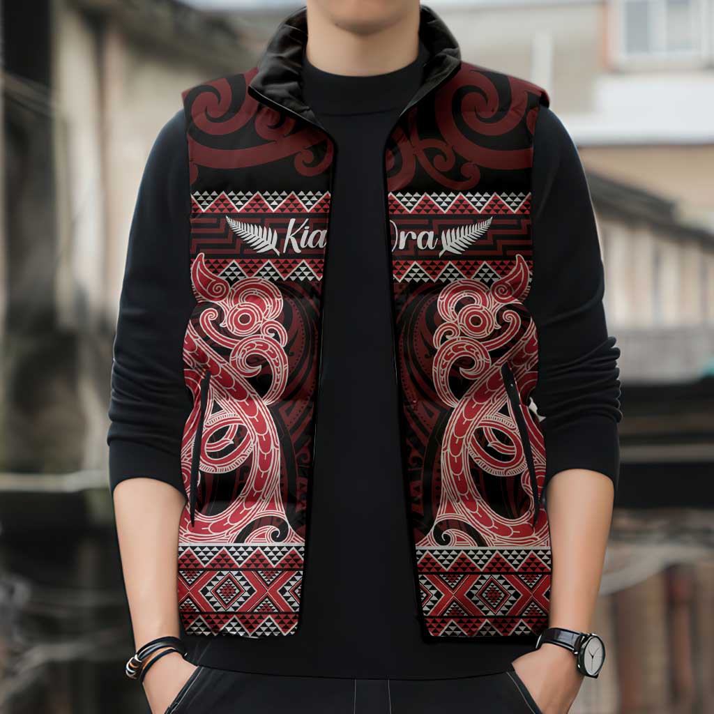 Kia Ora New Zealand Sleeveless Puffer Jacket Maori Language Week Whero Taniko Motif - Aussie Hoodie