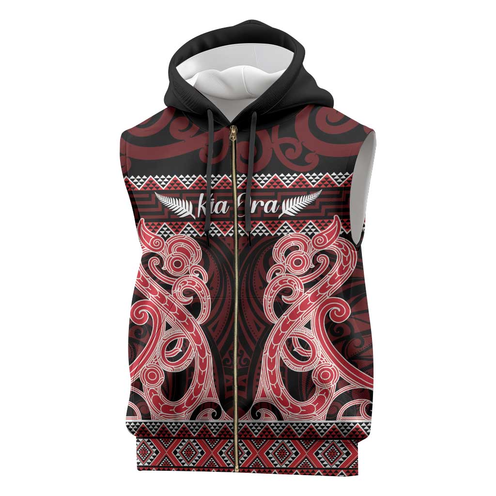Kia Ora New Zealand Sleeveless Zip Hoodie Maori Language Week Whero Taniko Motif - Aussie Hoodie