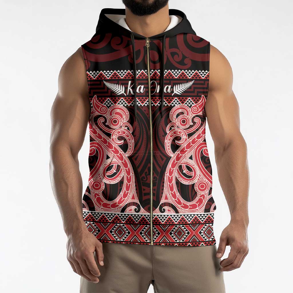 Kia Ora New Zealand Sleeveless Zip Hoodie Maori Language Week Whero Taniko Motif - Aussie Hoodie