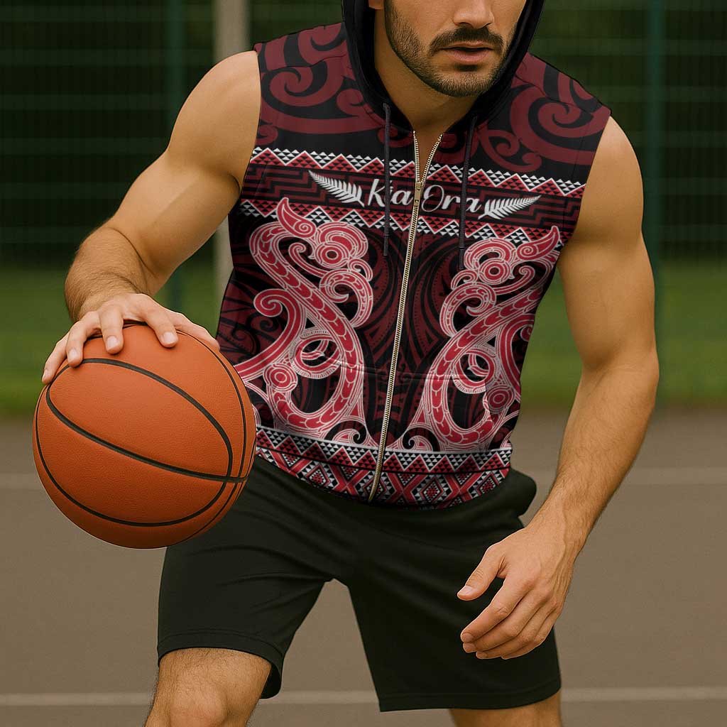 Kia Ora New Zealand Sleeveless Zip Hoodie Maori Language Week Whero Taniko Motif - Aussie Hoodie