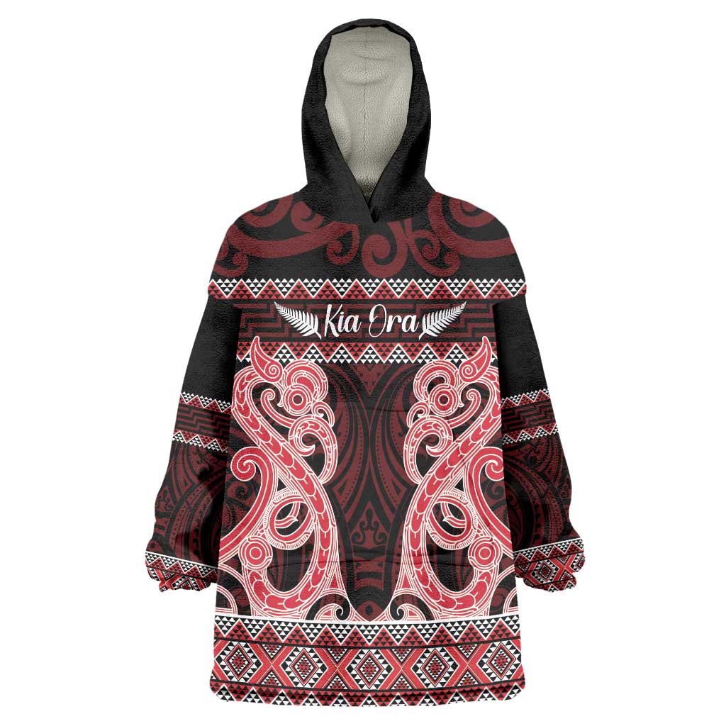 Kia Ora New Zealand Wearable Blanket Hoodie Maori Language Week Whero Taniko Motif - Aussie Hoodie