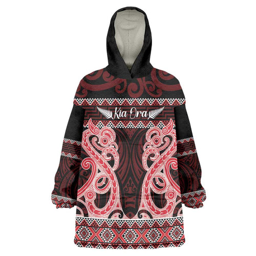 Kia Ora New Zealand Wearable Blanket Hoodie Maori Language Week Whero Taniko Motif - Aussie Hoodie