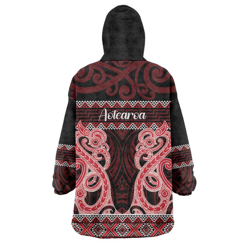 Kia Ora New Zealand Wearable Blanket Hoodie Maori Language Week Whero Taniko Motif - Aussie Hoodie