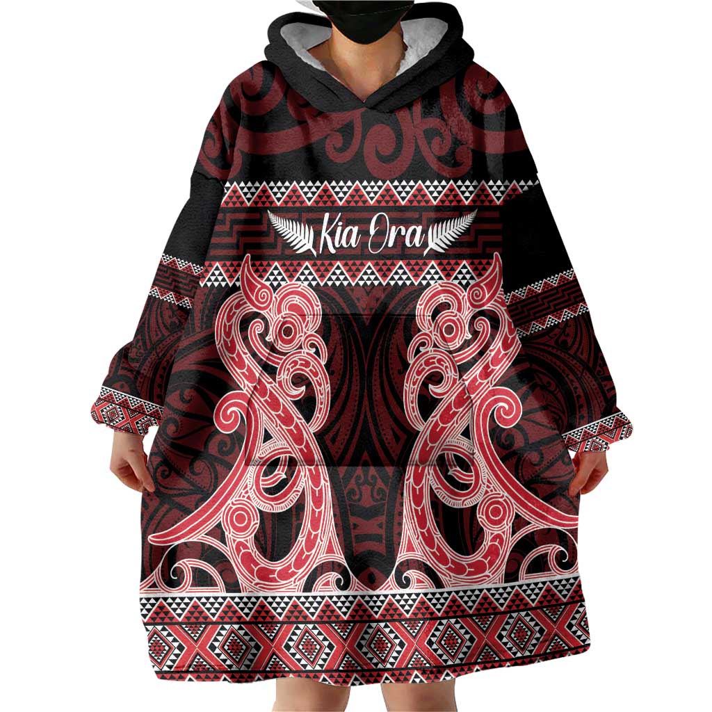 Kia Ora New Zealand Wearable Blanket Hoodie Maori Language Week Whero Taniko Motif - Aussie Hoodie