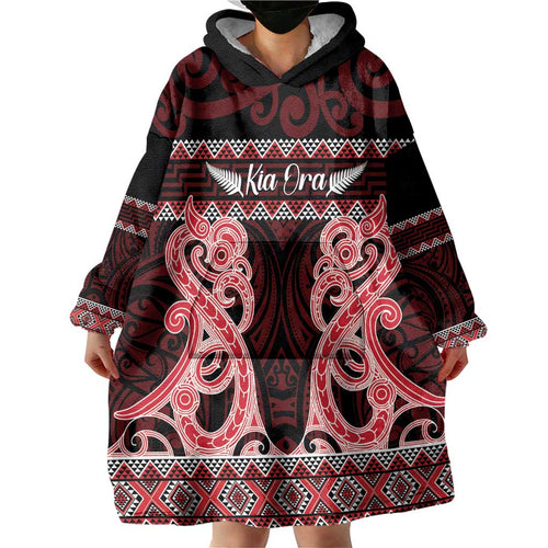 Kia Ora New Zealand Wearable Blanket Hoodie Maori Language Week Whero Taniko Motif - Aussie Hoodie