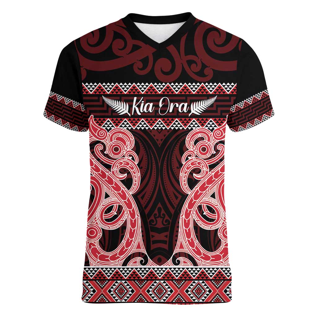 Kia Ora New Zealand Women V-Neck T-Shirt Maori Language Week Whero Taniko Motif - Aussie Hoodie