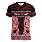 Kia Ora New Zealand Women V-Neck T-Shirt Maori Language Week Whero Taniko Motif - Aussie Hoodie