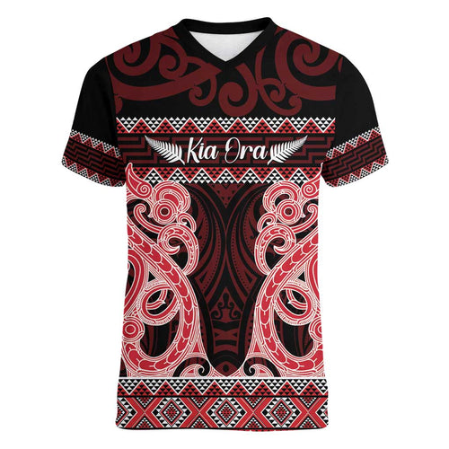 Kia Ora New Zealand Women V-Neck T-Shirt Maori Language Week Whero Taniko Motif - Aussie Hoodie