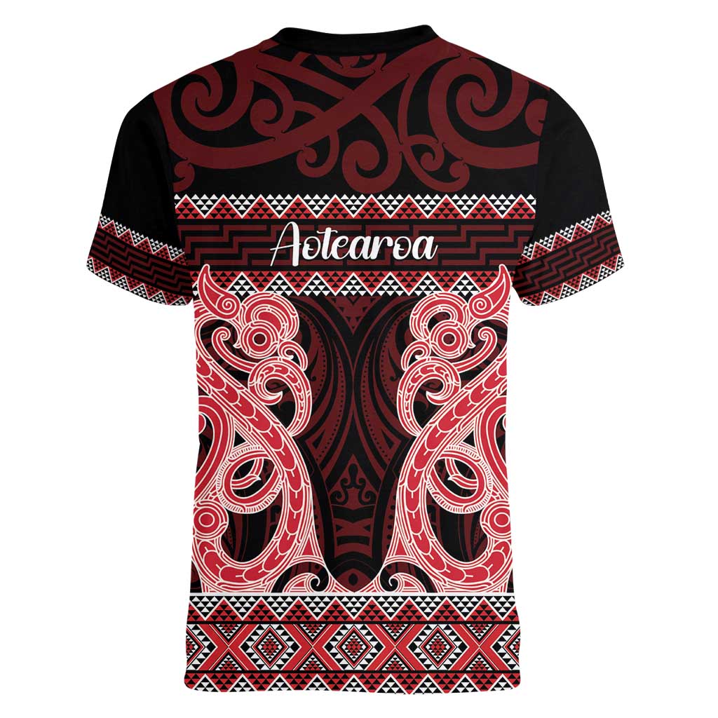Kia Ora New Zealand Women V-Neck T-Shirt Maori Language Week Whero Taniko Motif - Aussie Hoodie