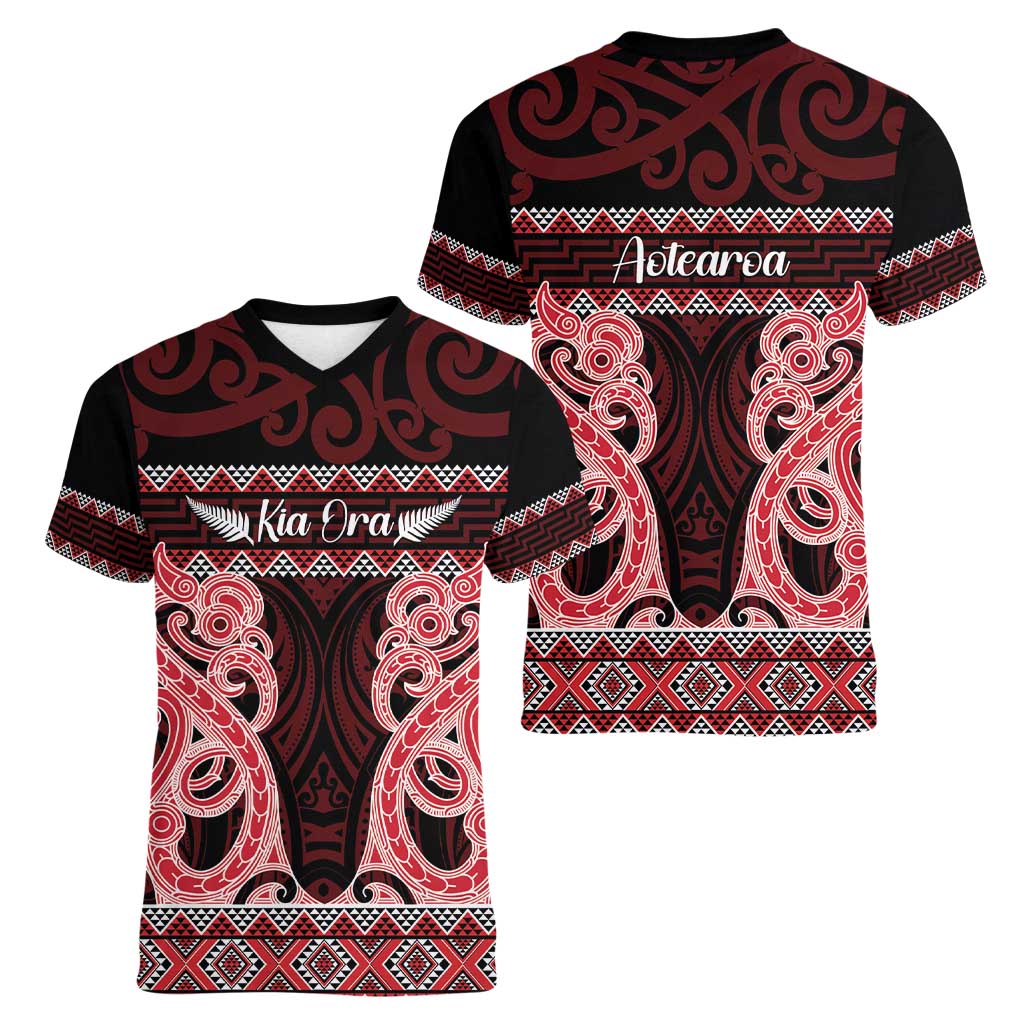 Kia Ora New Zealand Women V-Neck T-Shirt Maori Language Week Whero Taniko Motif - Aussie Hoodie