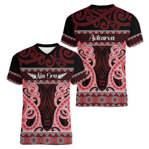 Kia Ora New Zealand Women V-Neck T-Shirt Maori Language Week Whero Taniko Motif - Aussie Hoodie