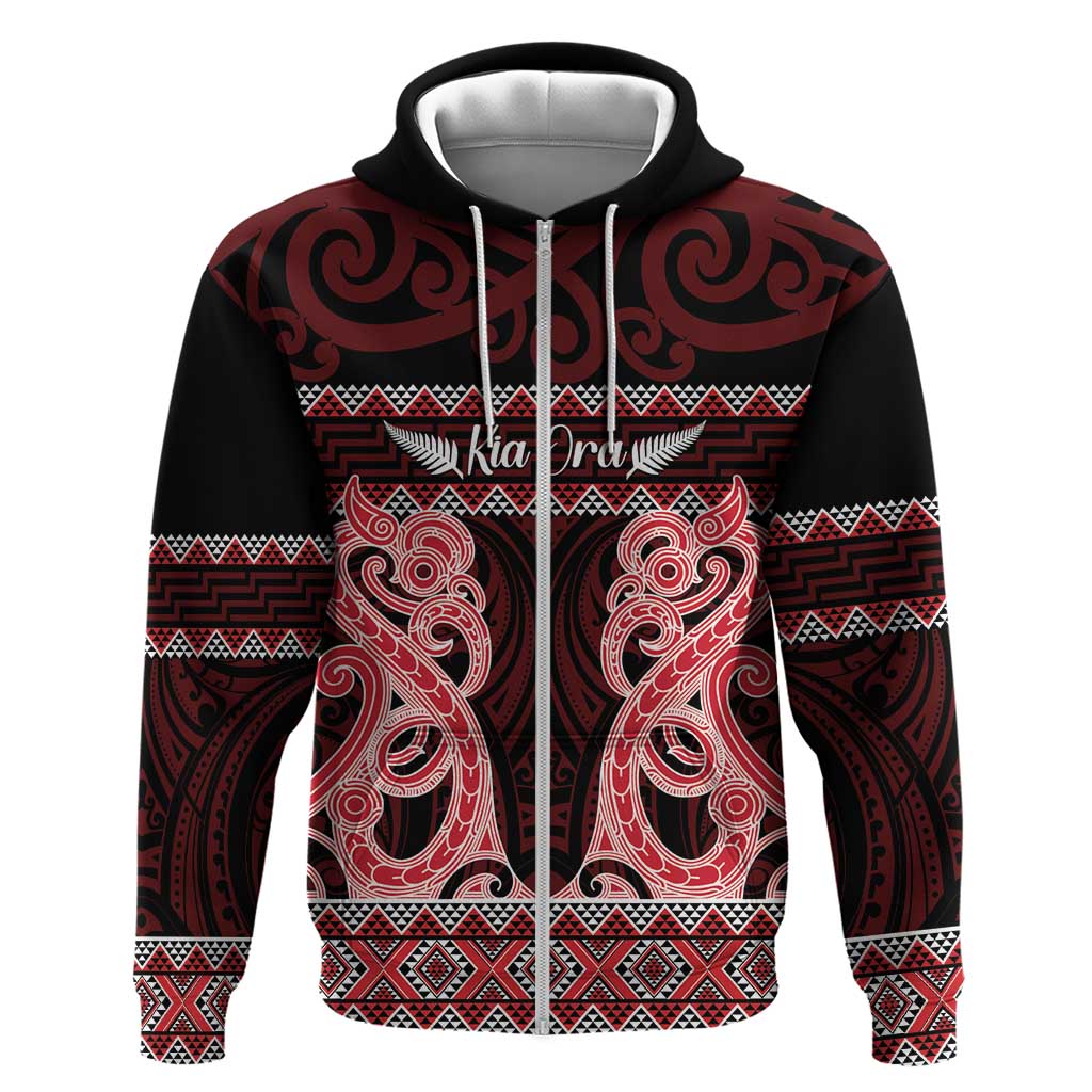 Kia Ora New Zealand Zip Hoodie Maori Language Week Whero Taniko Motif - Aussie Hoodie