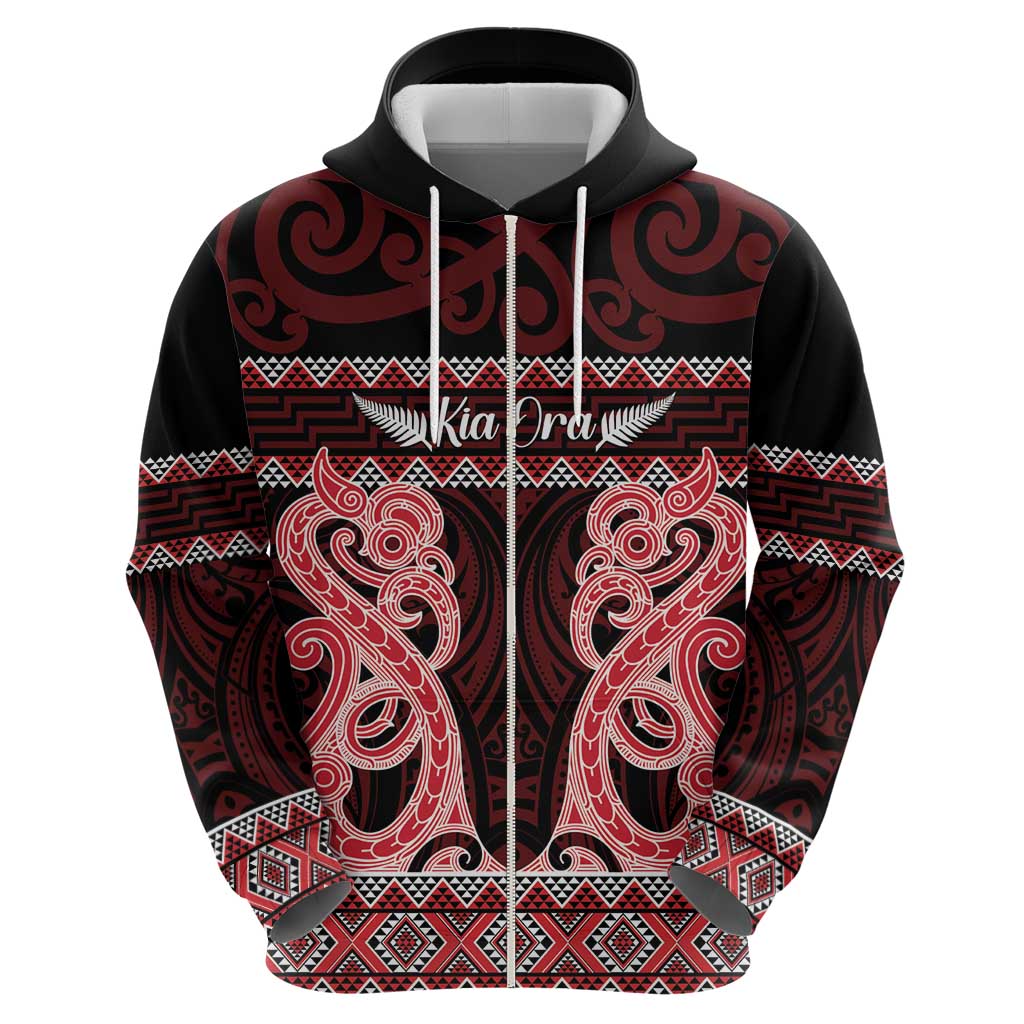 Kia Ora New Zealand Zip Hoodie Maori Language Week Whero Taniko Motif - Aussie Hoodie